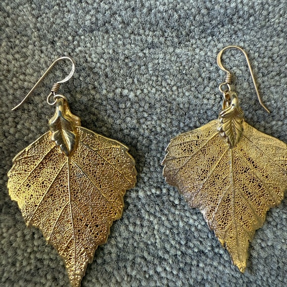 Vintage Gold Plated Leaf Leaves Gold Dipped Drop Earrings - Picture 2 of 3